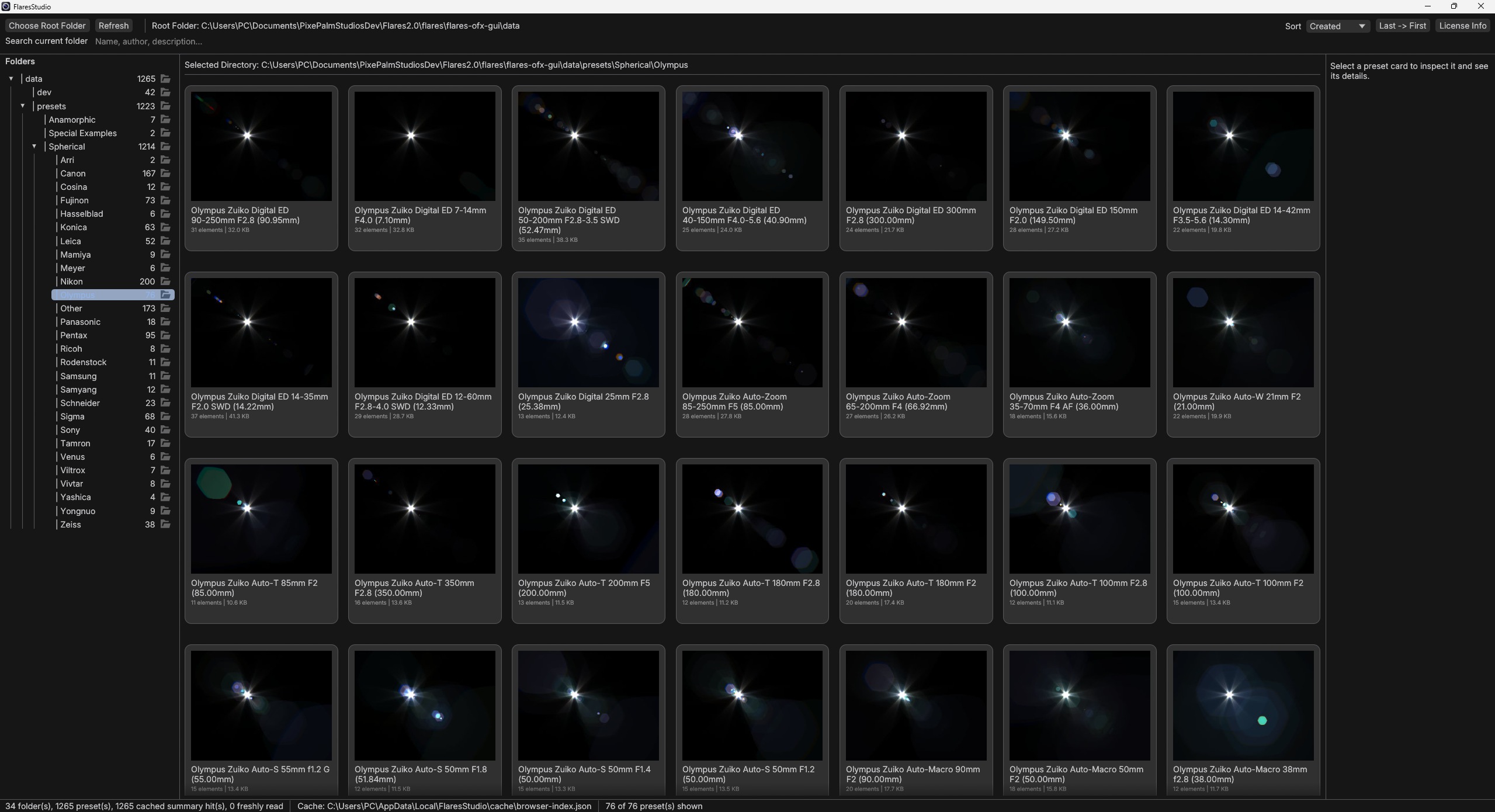 Preset Browser view in Flares Studio